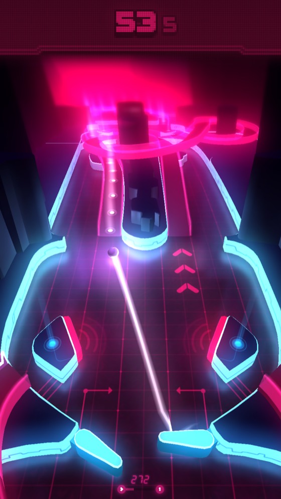 Schermata di gioco di Pinout: flipper al neon
